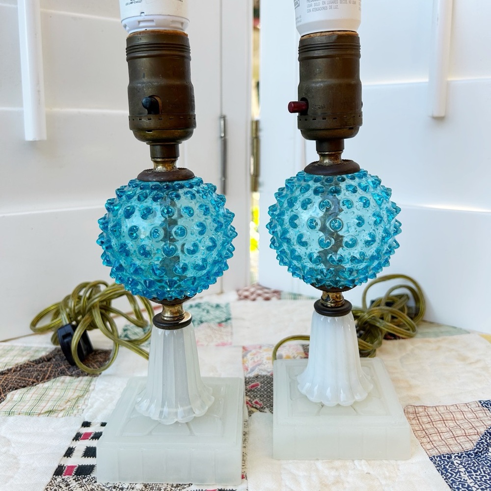 Vintage Blue Hobnail Milk Glass Electric Table Tabletop Lamps 9”